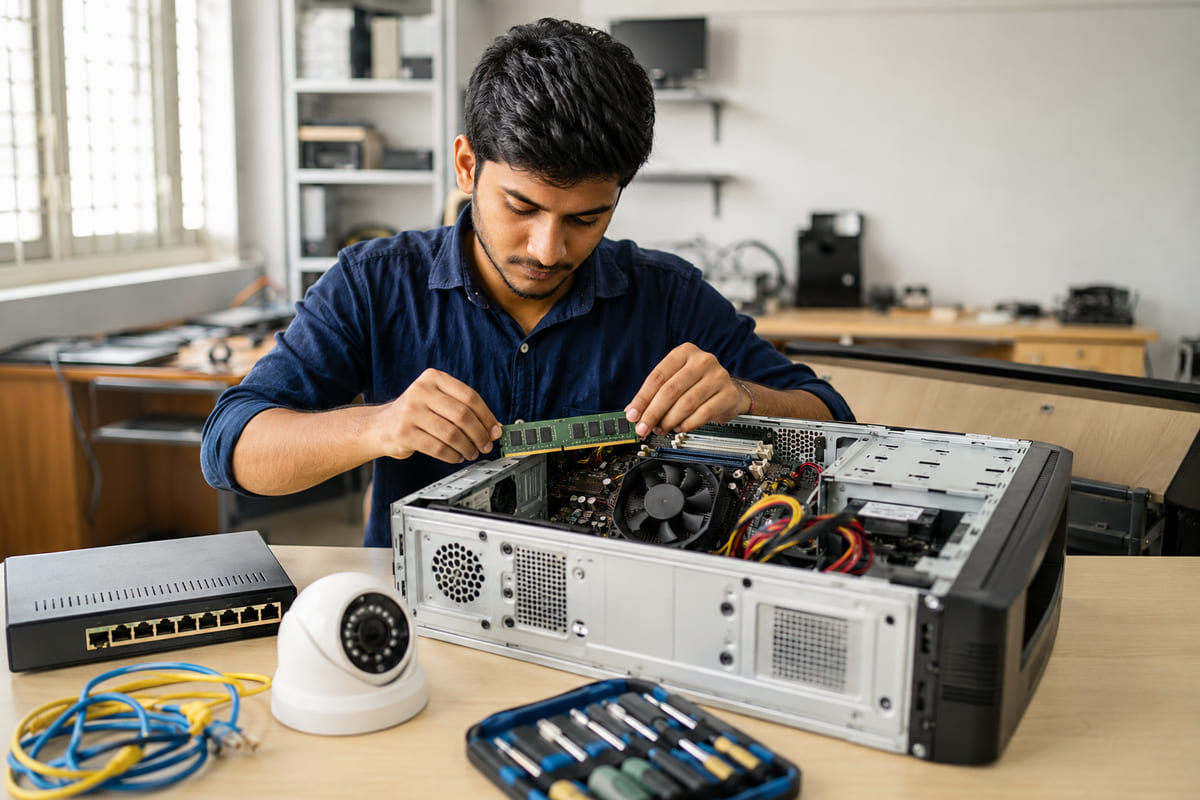 Student assembling computer hardware and learning networking in Kundapura