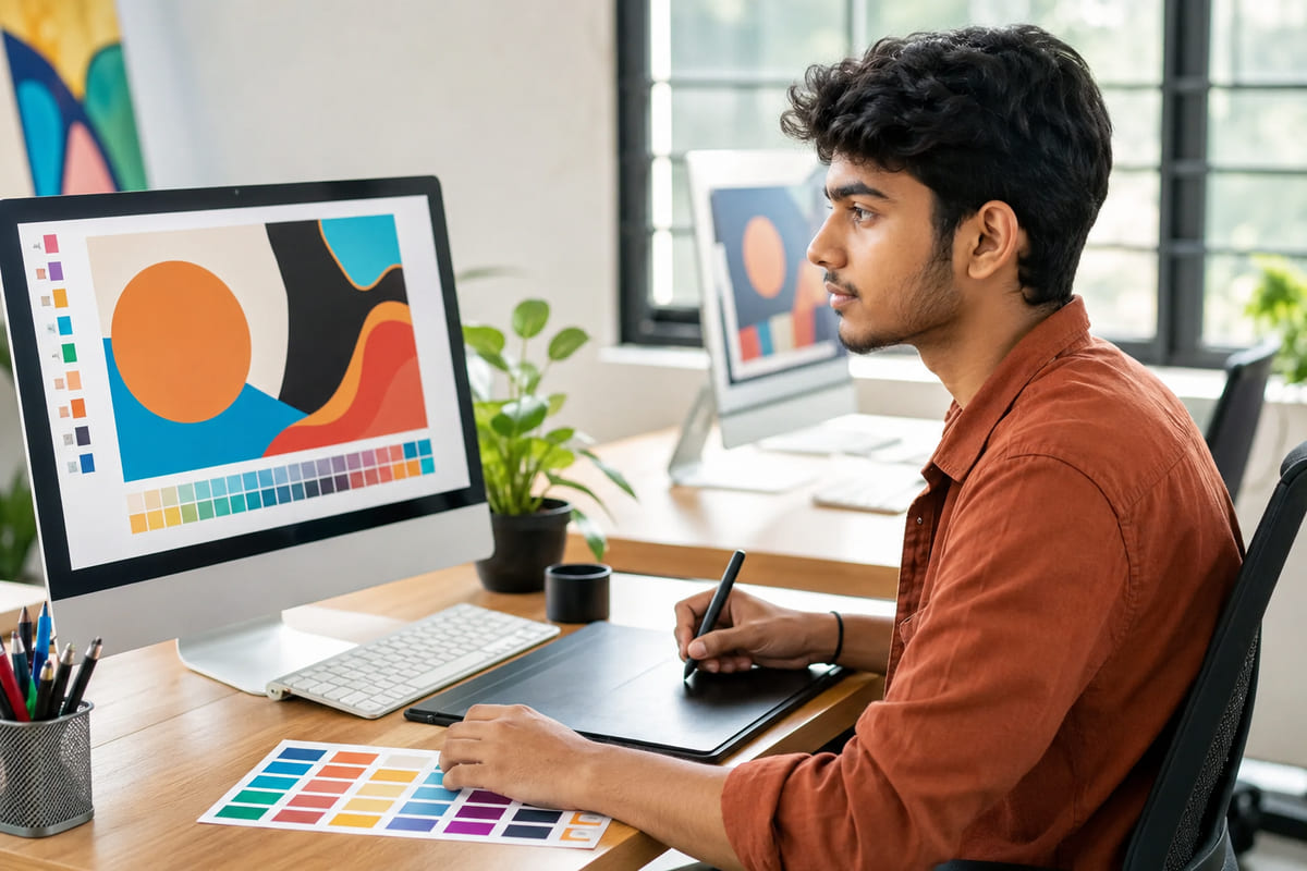 Student working on a design layout during the DICA computer application course in Kundapura
