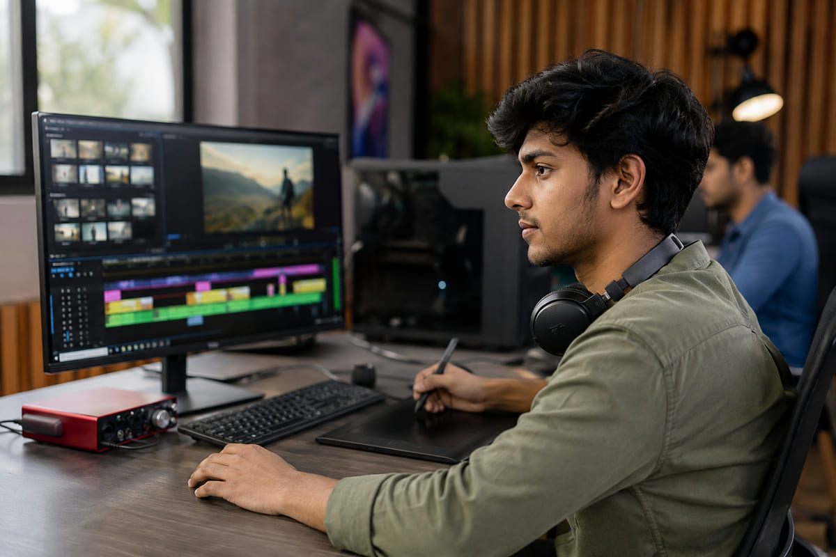 Student editing video on a timeline during the multimedia and animation course in Kundapura