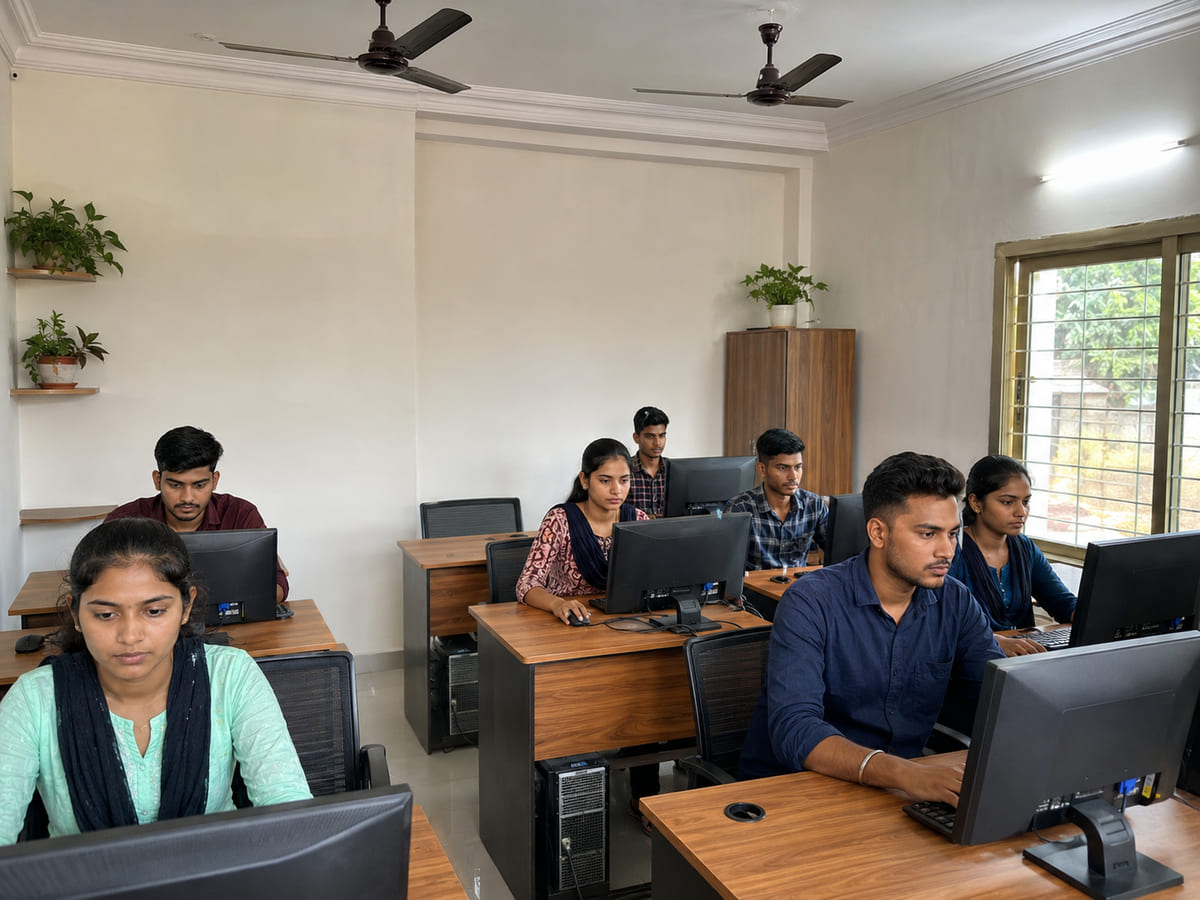 Computer lab with students at Dynamic Infotech Kundapura