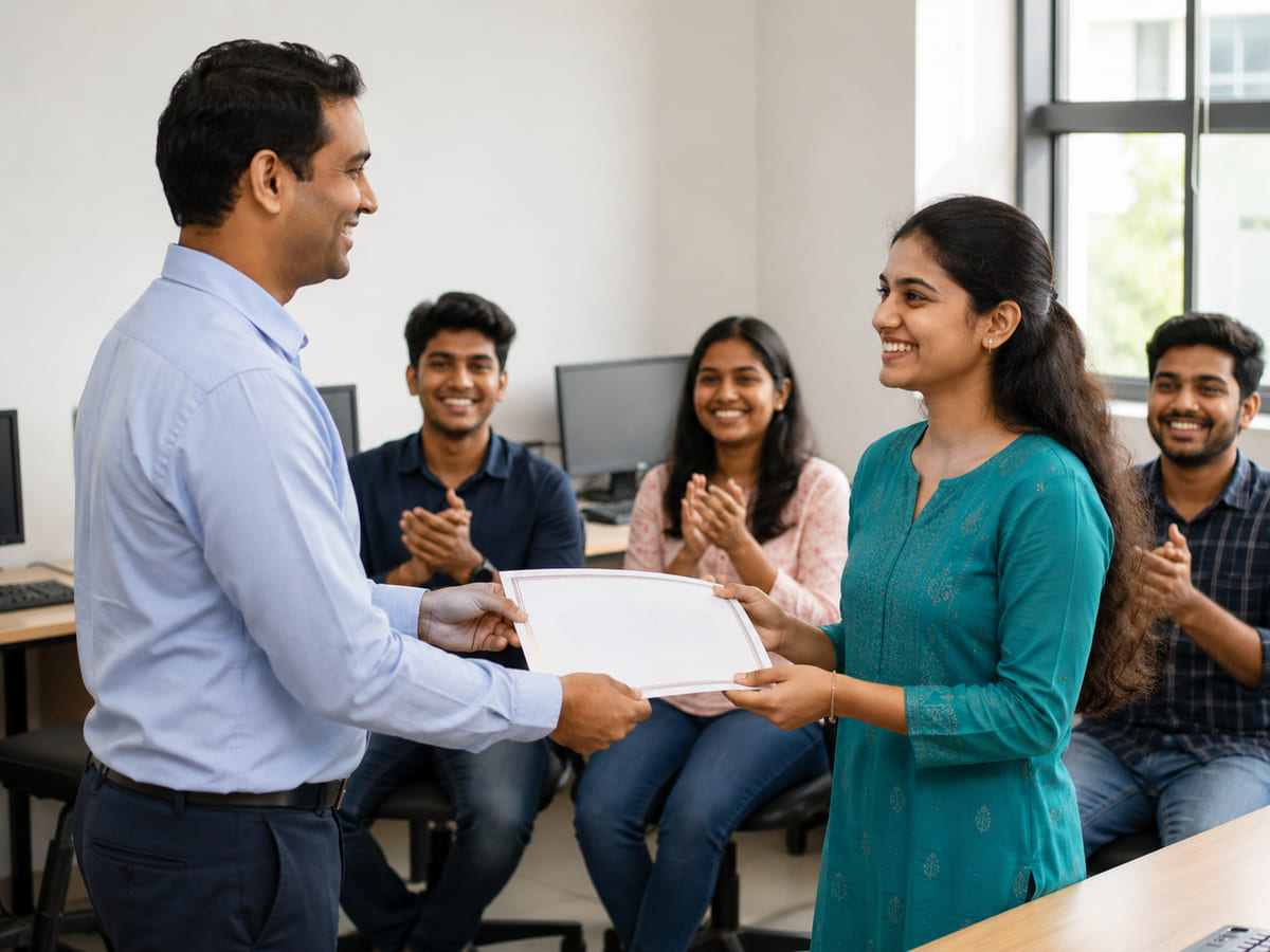 Students receiving course completion certificates at Dynamic Infotech Kundapura
